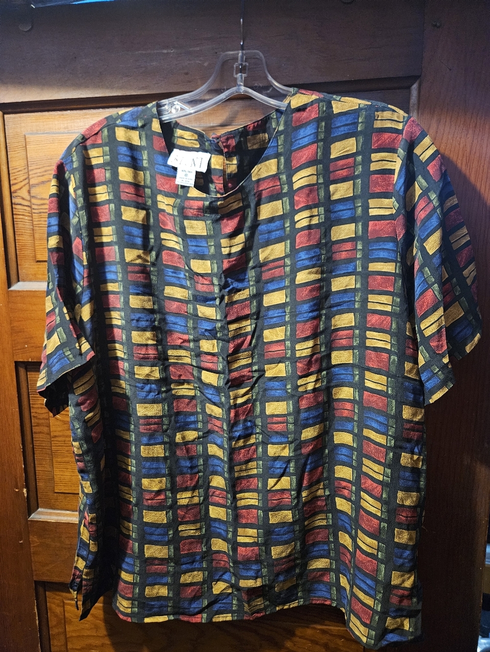 Vtg Stunt Women's 100% Silk Casual Multicolor Grid-Pattern Top